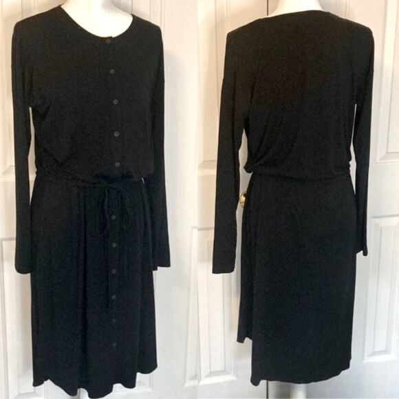Eileen Fisher Viscose Spandex Black Long Sleeve Tie Waist Midi Dress Pockets SP - Picture 1 of 10